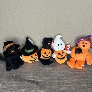 Lot Of 5 Retired Ty Halloweenie Beanies With Tags Pumpkin Black Cat Ghost Bear